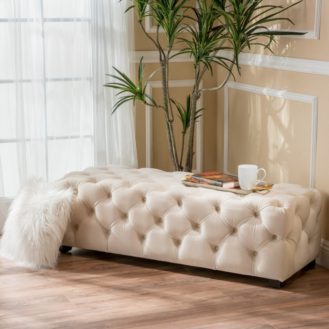GDFStudio Provence Tufted Velvet Fabric Rectangle Ottoman Bench
